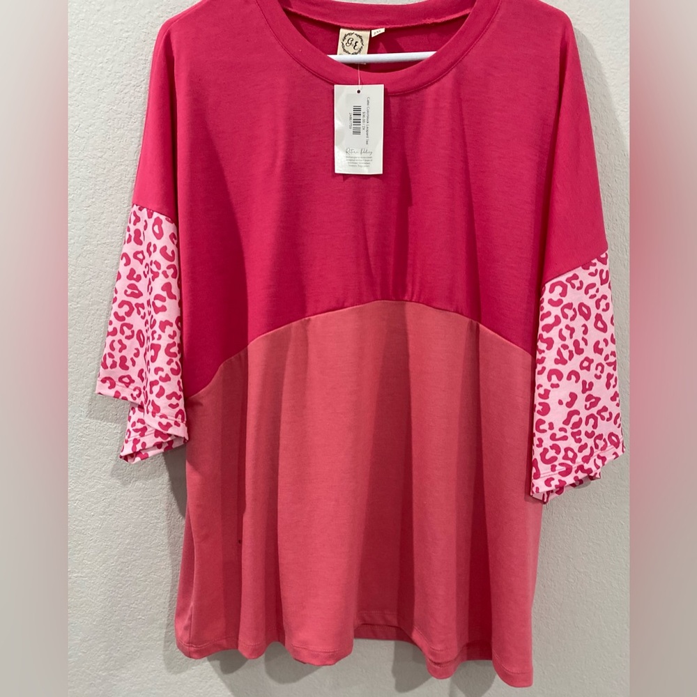 Grace & Emma Two-Tone Color-blocked Pink Leopard Short Sleeves Plus Top Shirt 2X